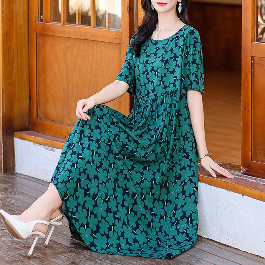 Women Boho Print Maxi Dress Casual Short Sleeve Summer Beach Dress
