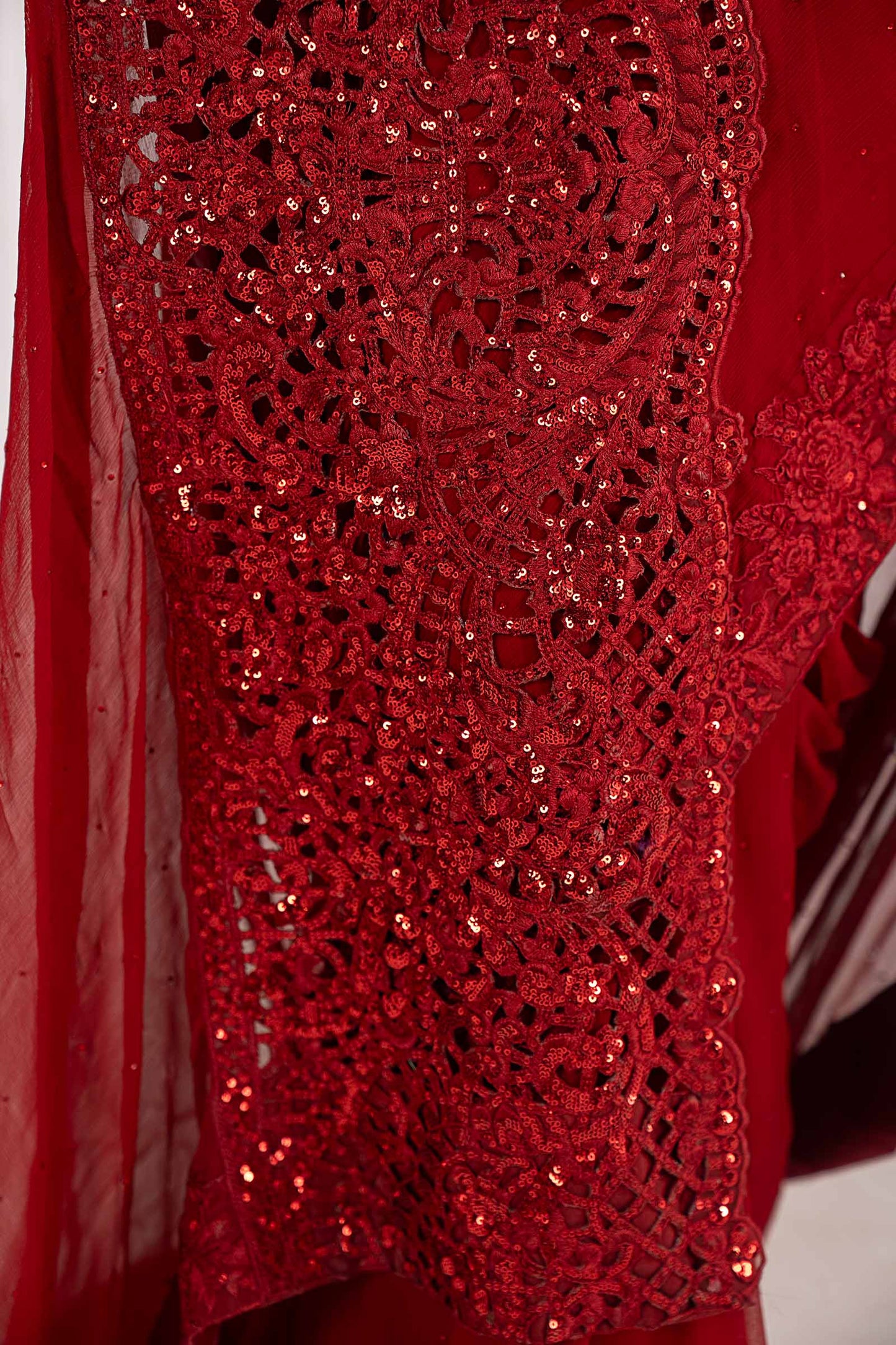 Red Embroidered Chiffon Saree with Organza Blouse & Petticoat