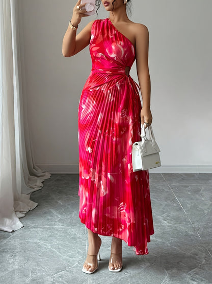 Women Floral Asymmetrical Shoulder Ruched Summer Dress