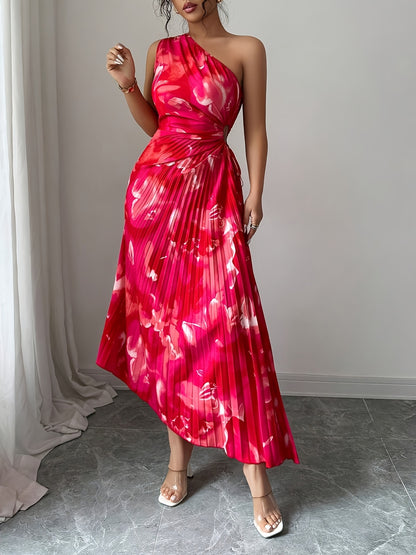 Women Floral Asymmetrical Shoulder Ruched Summer Dress