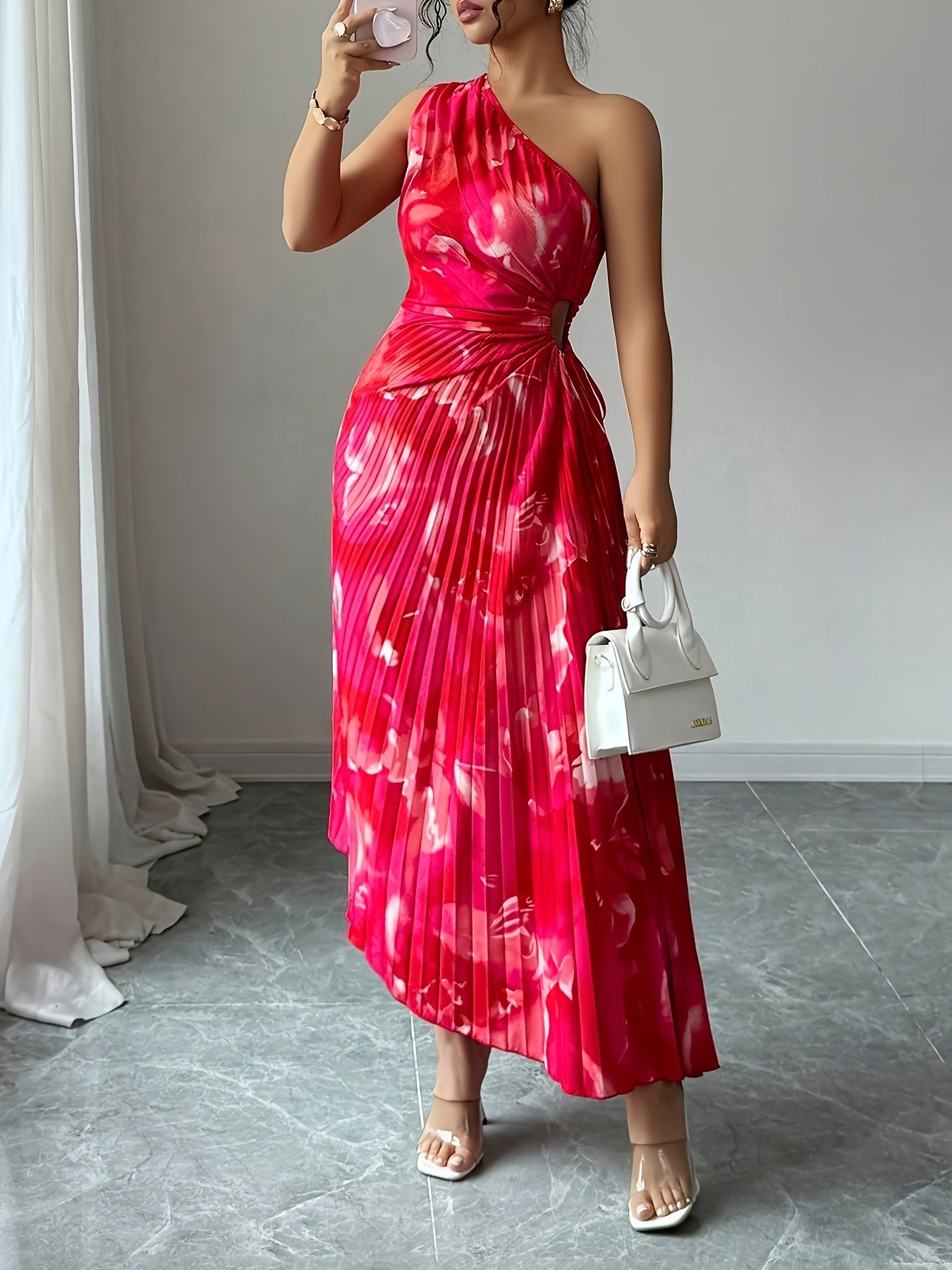 Women Floral Asymmetrical Shoulder Ruched Summer Dress
