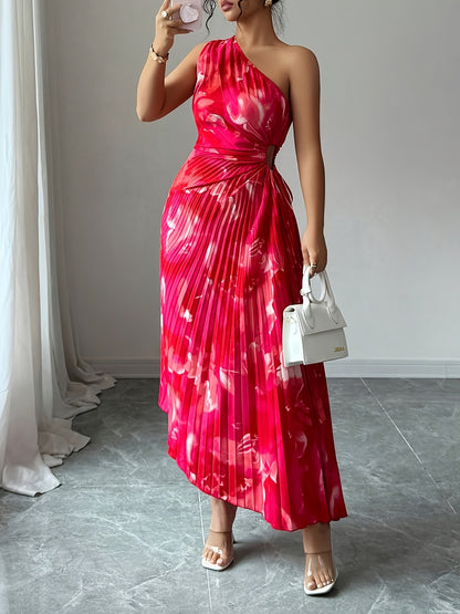Women Floral Asymmetrical Shoulder Ruched Summer Dress