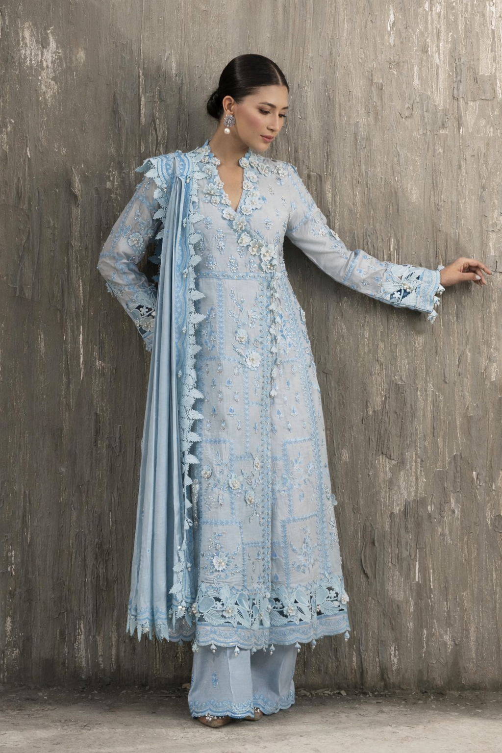 Stitched Luxury Embroidered Long Shirt + Bottom + Dupatta
