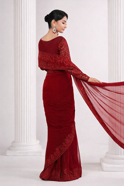 Red Embroidered Chiffon Saree with Organza Blouse & Petticoat