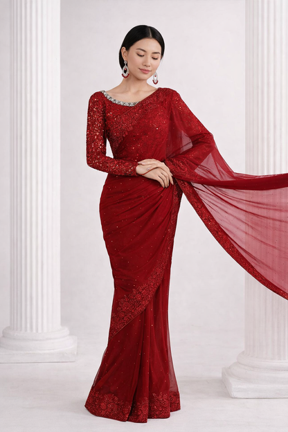 Red Embroidered Chiffon Saree with Organza Blouse & Petticoat