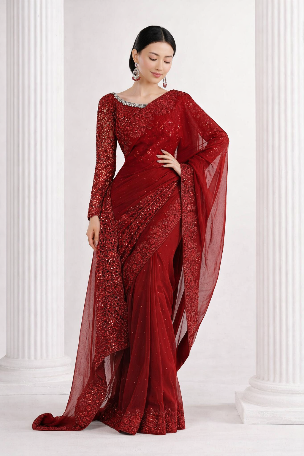 Red Embroidered Chiffon Saree with Organza Blouse & Petticoat