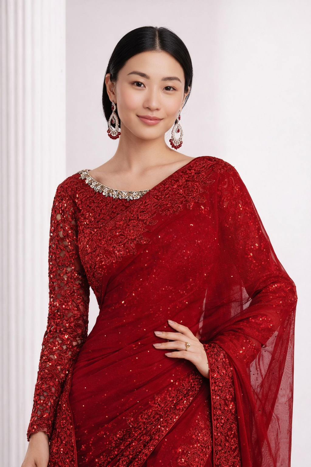 Red Embroidered Chiffon Saree with Organza Blouse & Petticoat