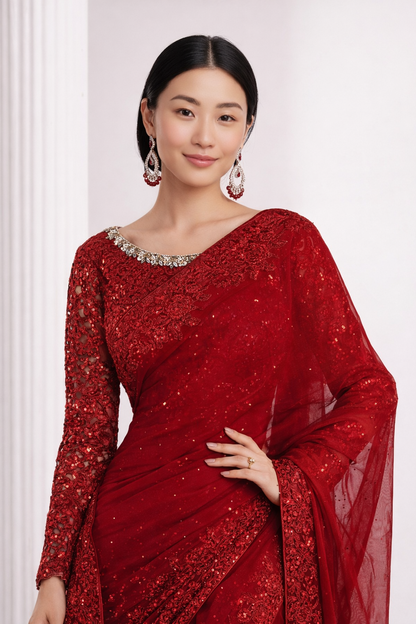 Red Embroidered Chiffon Saree with Organza Blouse & Petticoat