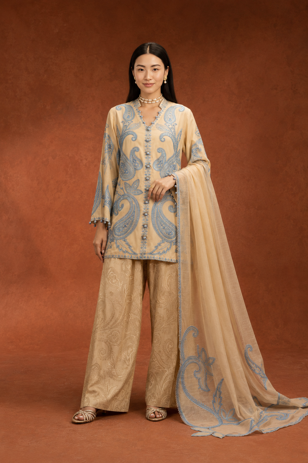 Stitched Embroidered Raw Silk Suit