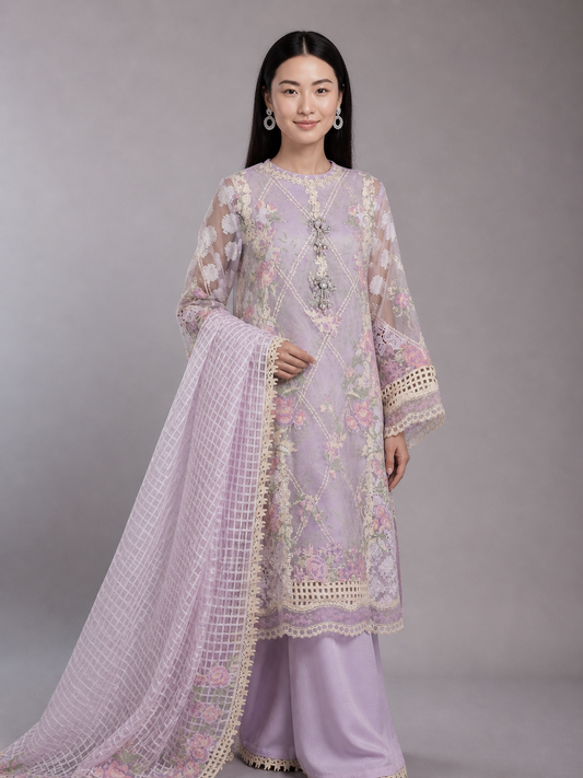 Stitched Organza Embroidered Shirt + Plazo + Dupatta