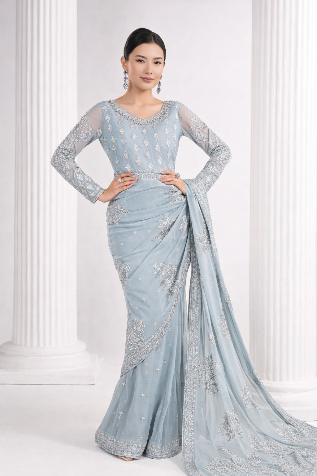 Sky Blue Embroidered Chiffon Saree with Blouse & Petticoat