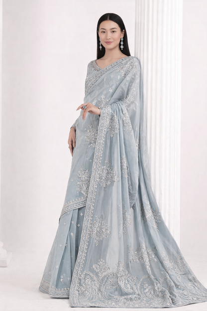 Sky Blue Embroidered Chiffon Saree with Blouse & Petticoat