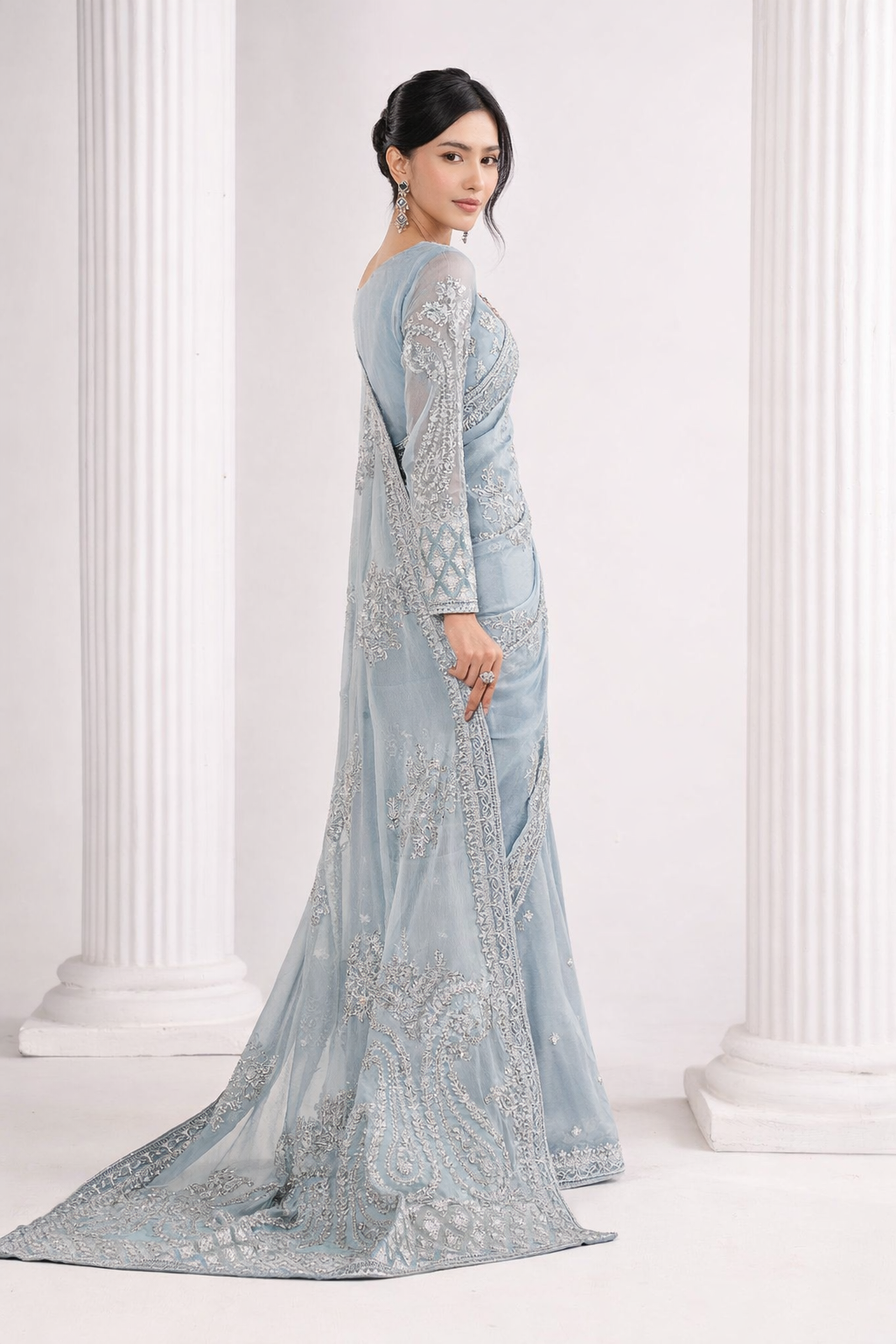 Sky Blue Embroidered Chiffon Saree with Blouse & Petticoat