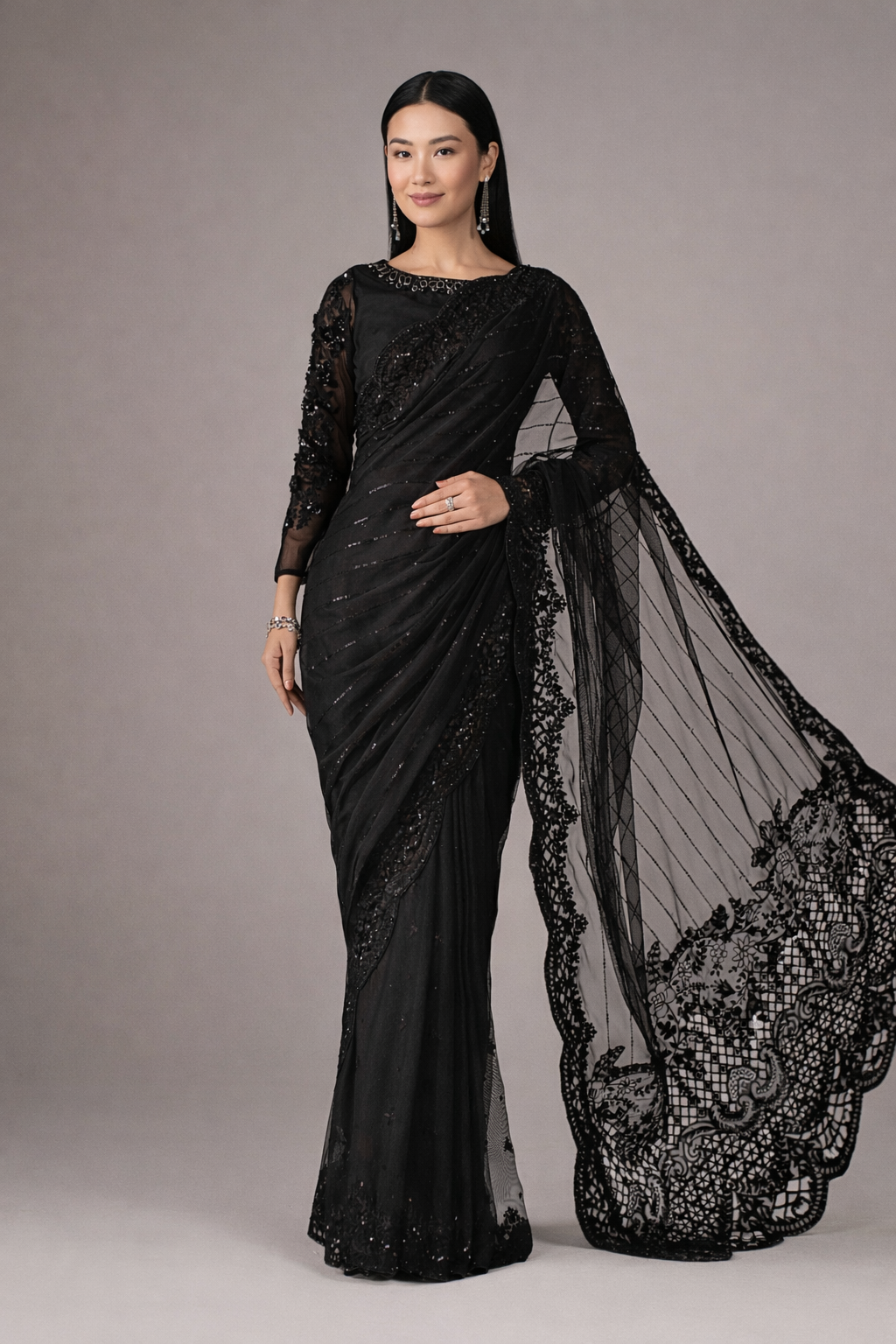 Black Embroidered Net Saree with Raw Silk Blouse & Petticoat