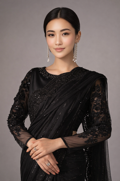 Black Embroidered Net Saree with Raw Silk Blouse & Petticoat