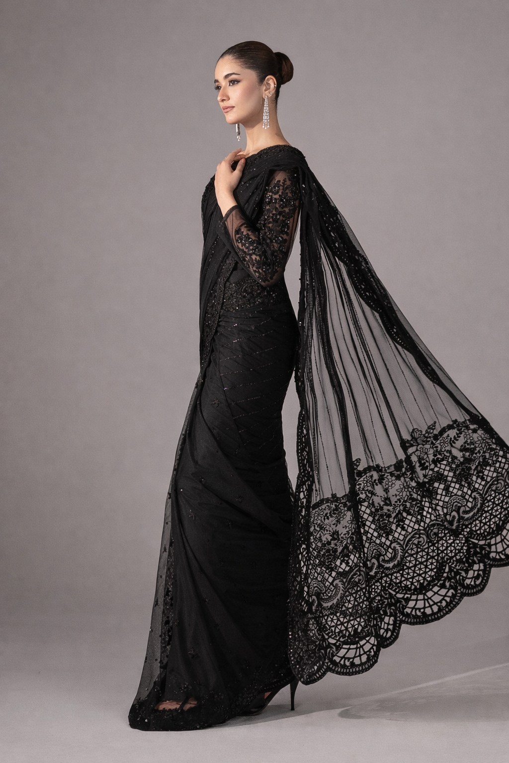 Black Embroidered Net Saree with Raw Silk Blouse & Petticoat
