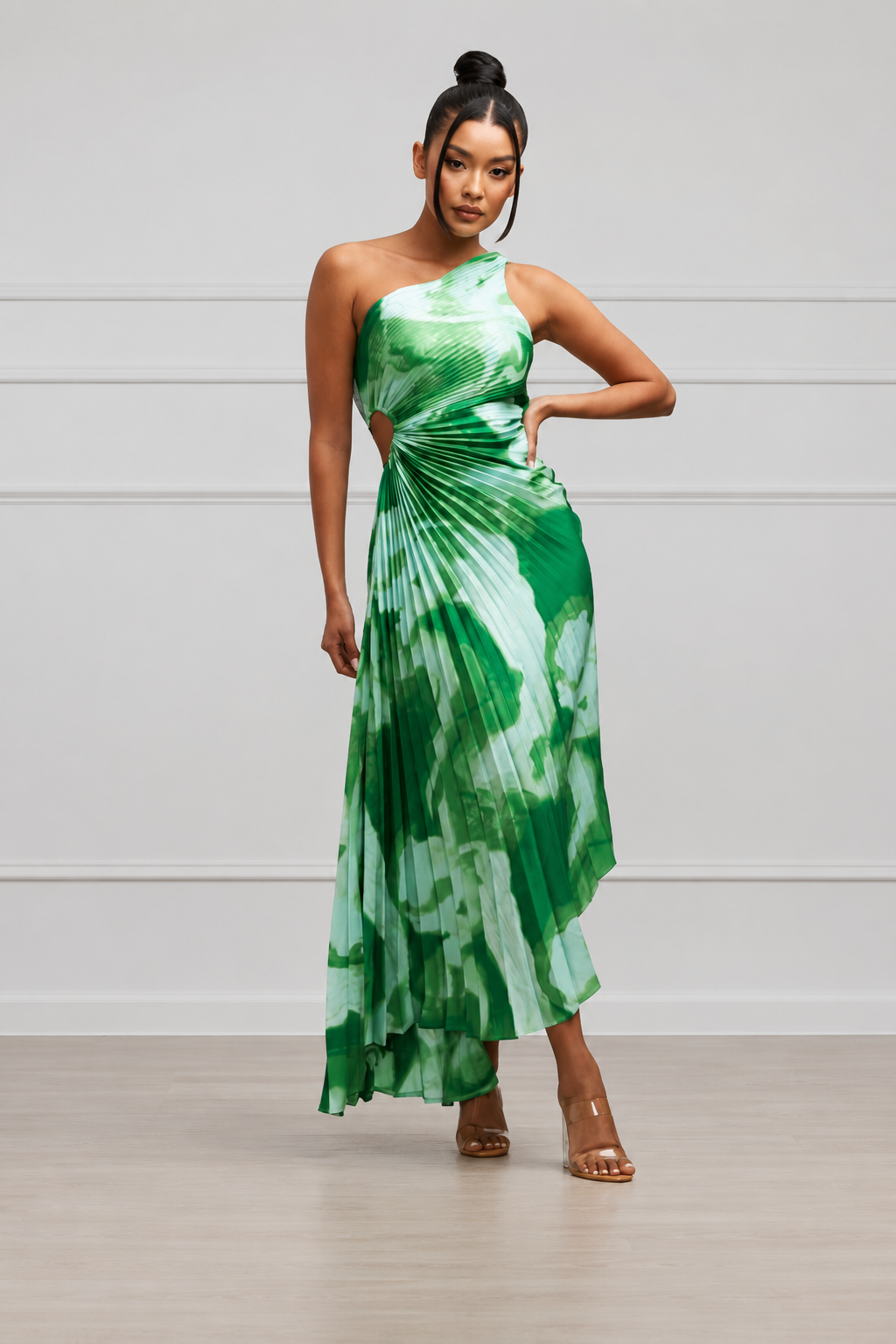 Women Elegant One Shoulder Pleated High Waist Maxi Dress