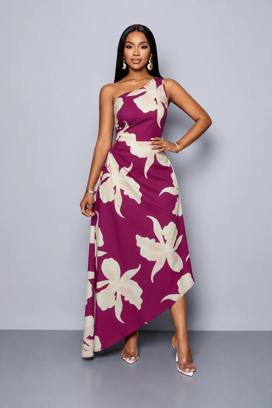 Women Elegant One Shoulder Floral A-Line Dress
