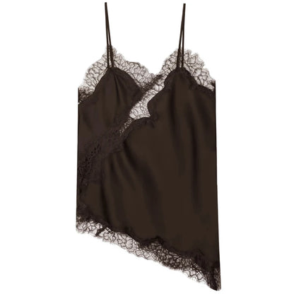 Women Y2K Asymmetrical Lace Satin Camisole Top Off Shoulder Backless Sexy Street Style