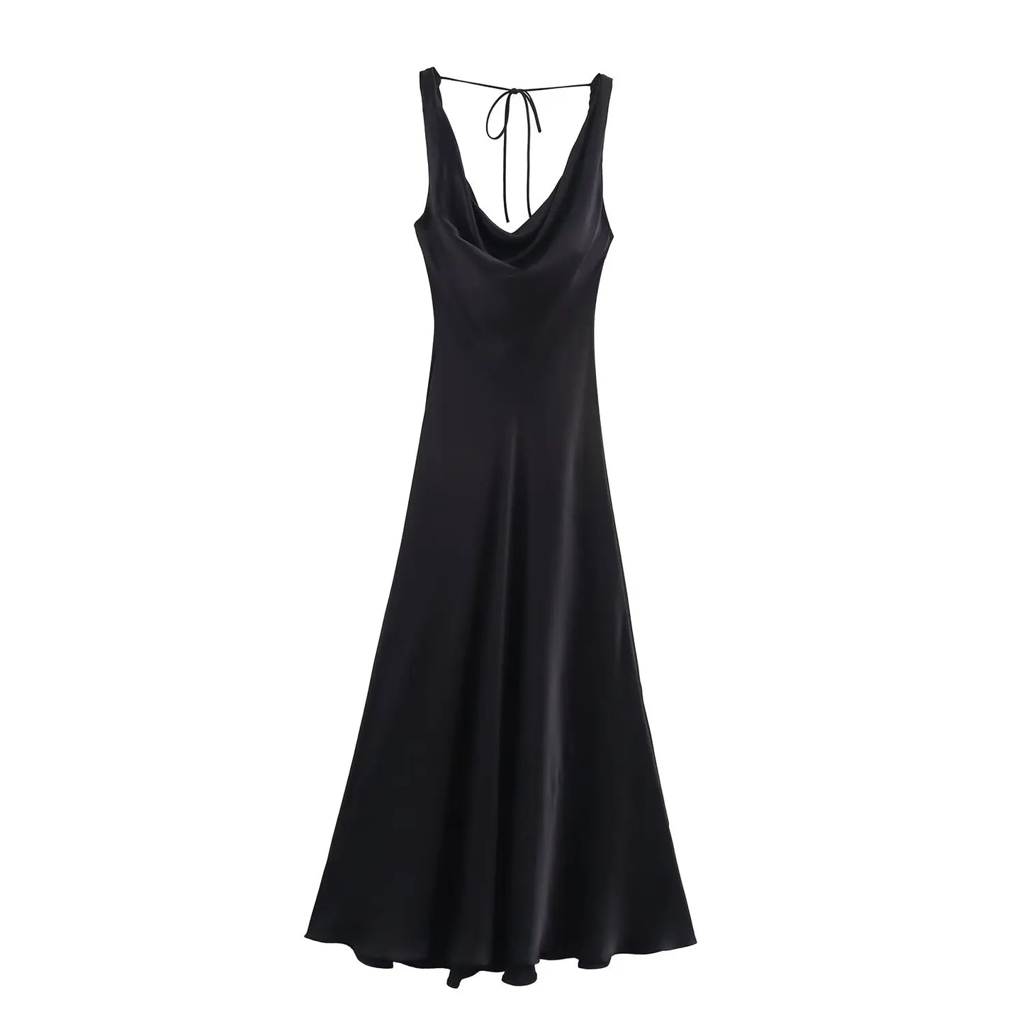 Women Satin V Neck Backless Midi Dress Elegant Lace Up Summer Vacation Dress