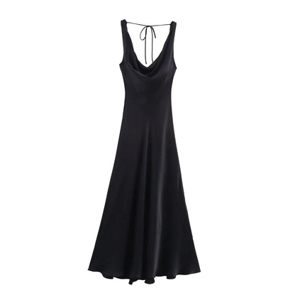 Women Satin V Neck Backless Midi Dress Elegant Lace Up Summer Vacation Dress