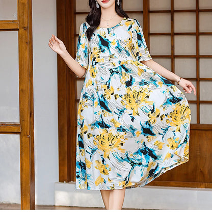 Women Boho Print Maxi Dress Casual Short Sleeve Summer Beach Dress