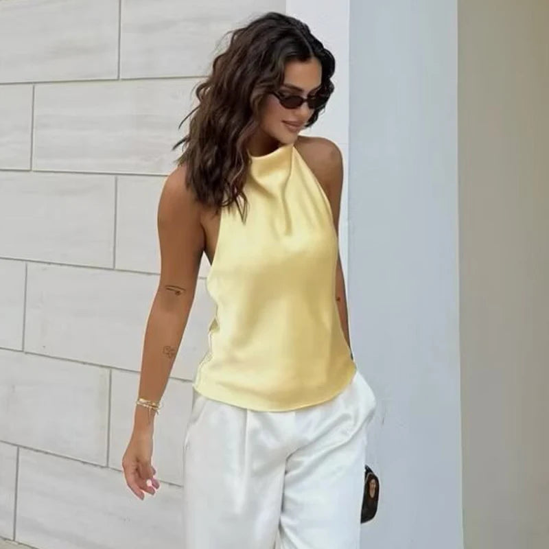 Women Halter Satin Corset Backless Tank Top Elegant Sexy Party Summer Vest