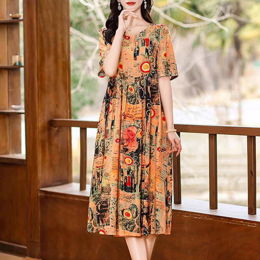 Women Boho Print Maxi Dress Casual Short Sleeve Summer Beach Dress