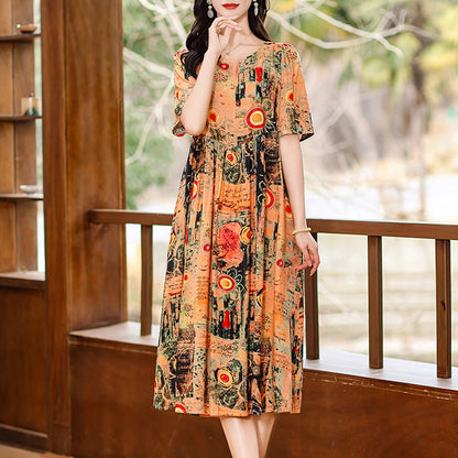 Women Boho Print Maxi Dress Casual Short Sleeve Summer Beach Dress