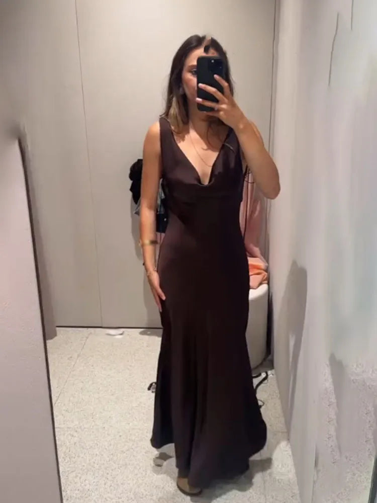 Women Satin V Neck Backless Midi Dress Elegant Lace Up Summer Vacation Dress