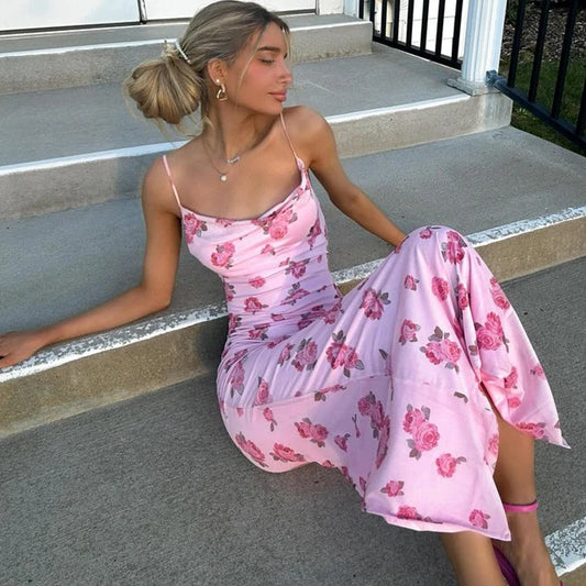 Women Floral Spaghetti Strap Bodycon Maxi Dress Y2K Summer Club Dress
