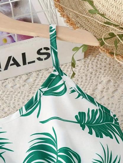 Girls Leaf Print Sleeveless Jumpsuit Casual Summer Beach Outfit