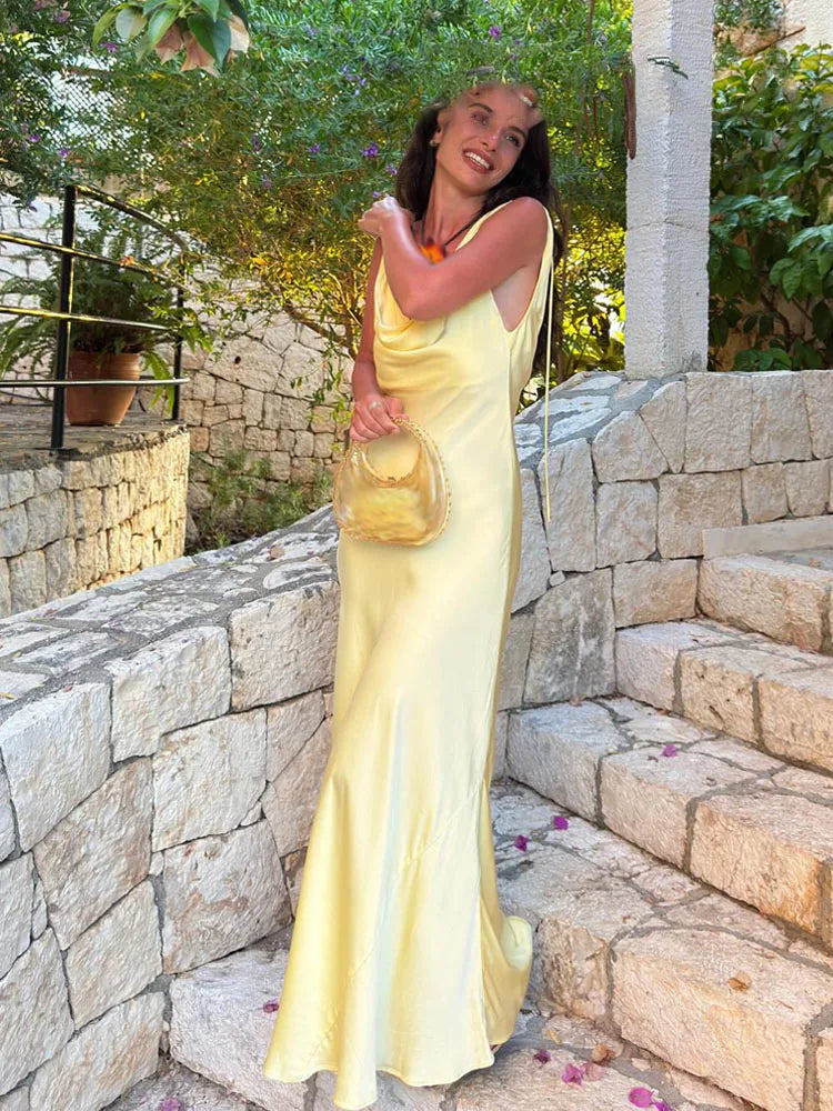 Women Satin V Neck Backless Midi Dress Elegant Lace Up Summer Vacation Dress