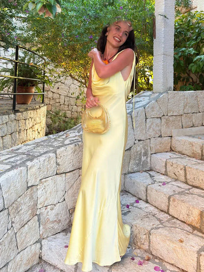Women Satin V Neck Backless Midi Dress Elegant Lace Up Summer Vacation Dress