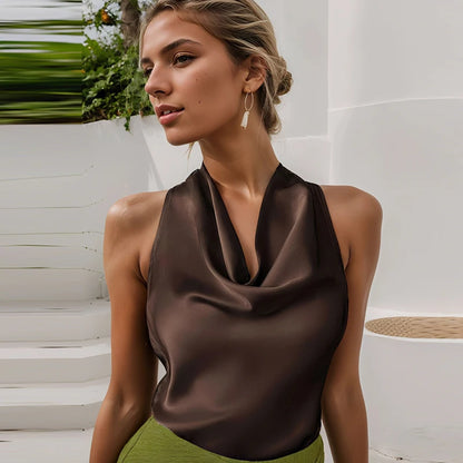 Women Halter Satin Corset Backless Tank Top Elegant Sexy Party Summer Vest