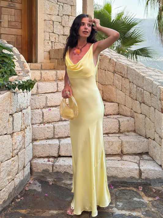 Women Satin V Neck Backless Midi Dress Elegant Lace Up Summer Vacation Dress