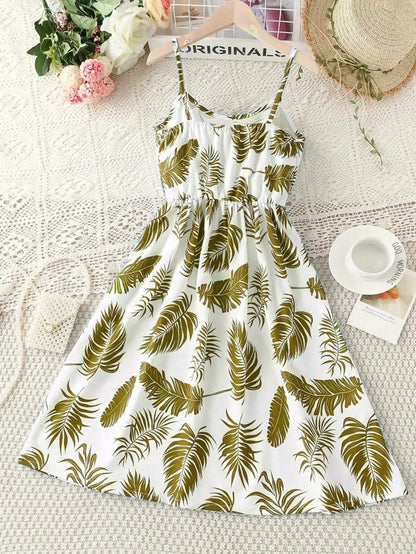 Girls Leaf Print Sleeveless Jumpsuit Casual Summer Beach Outfit