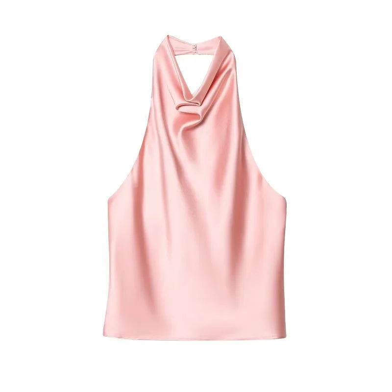 Women Satin Halter Backless Summer Camisole Top Sexy Club Night Outwear