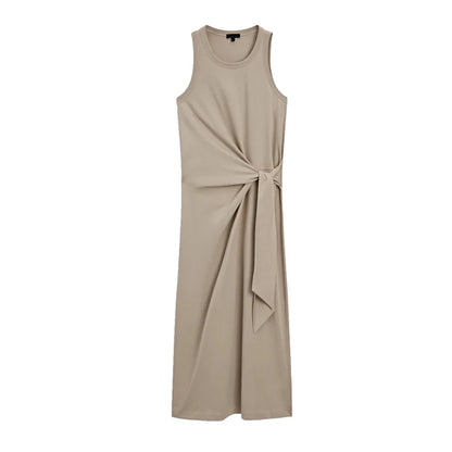 Women Minimalist Belted Waist Maxi Vest Dress Elegant Sleeveless Summer Gown