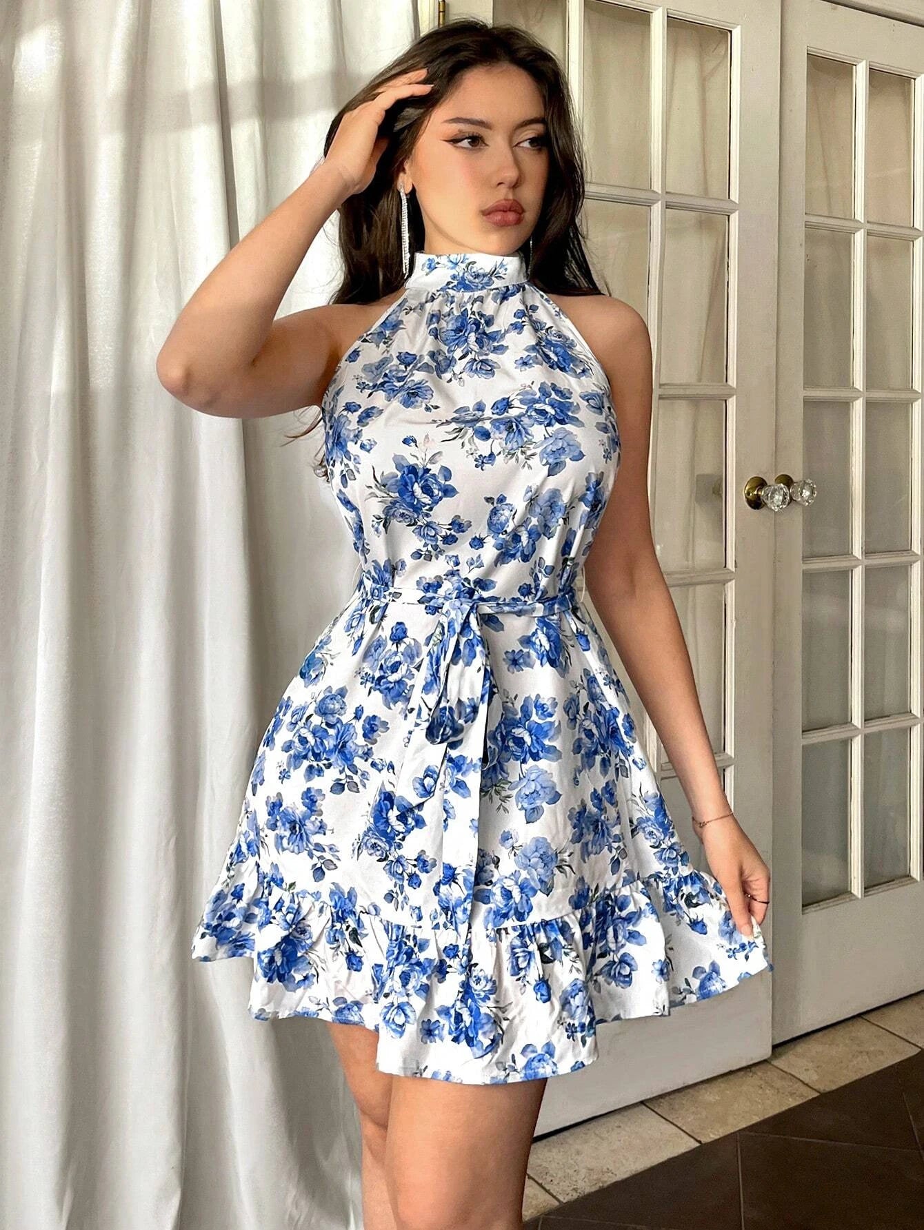 Women Floral Sleeveless Knee Length Dress Ruffle Hem Elegant Summer A-Line Dress