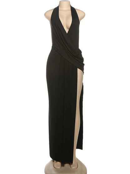 Women Halter Deep V Neck Backless High Split Maxi Dress Sexy Summer Party Gown