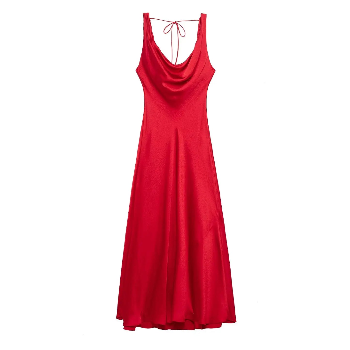 Women Satin V Neck Backless Midi Dress Elegant Lace Up Summer Vacation Dress