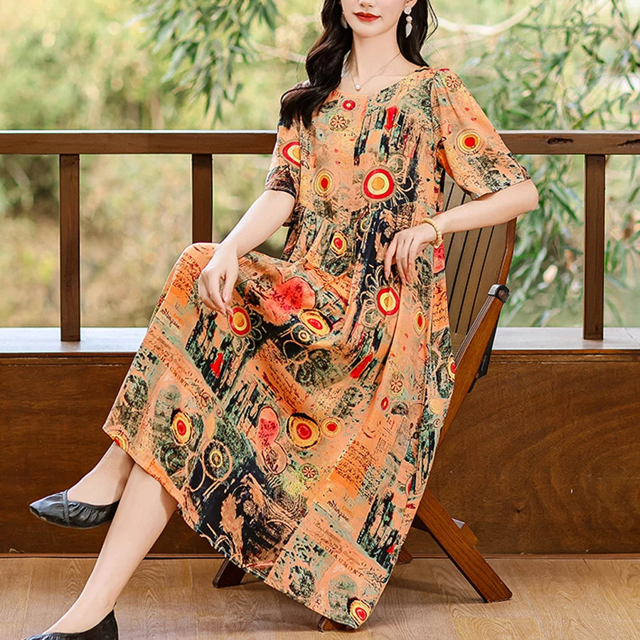 Women Boho Print Maxi Dress Casual Short Sleeve Summer Beach Dress