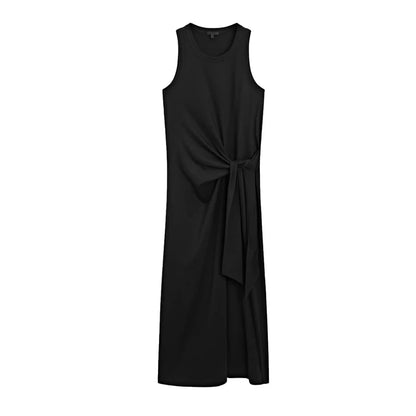 Women Minimalist Belted Waist Maxi Vest Dress Elegant Sleeveless Summer Gown
