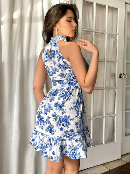 Women Floral Sleeveless Knee Length Dress Ruffle Hem Elegant Summer A-Line Dress
