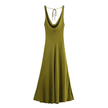 Women Satin V Neck Backless Midi Dress Elegant Lace Up Summer Vacation Dress