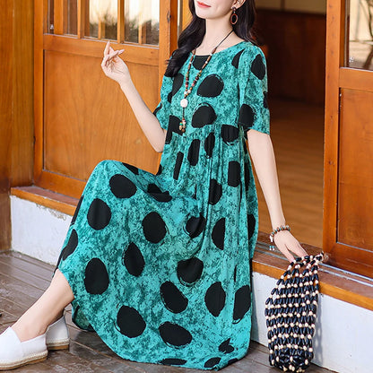 Women Boho Print Maxi Dress Casual Short Sleeve Summer Beach Dress