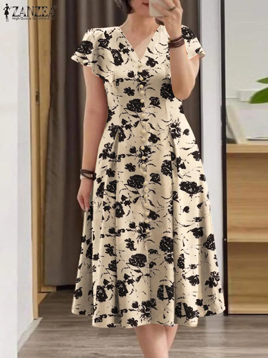 Women Floral V Neck Midi Dress Elegant Summer A-Line Holiday Dress