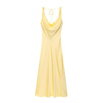 Women Satin V Neck Backless Midi Dress Elegant Lace Up Summer Vacation Dress