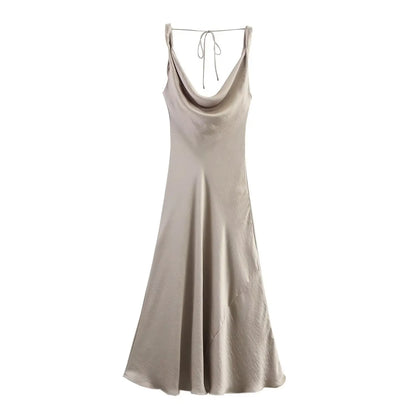 Women Satin V Neck Backless Midi Dress Elegant Lace Up Summer Vacation Dress